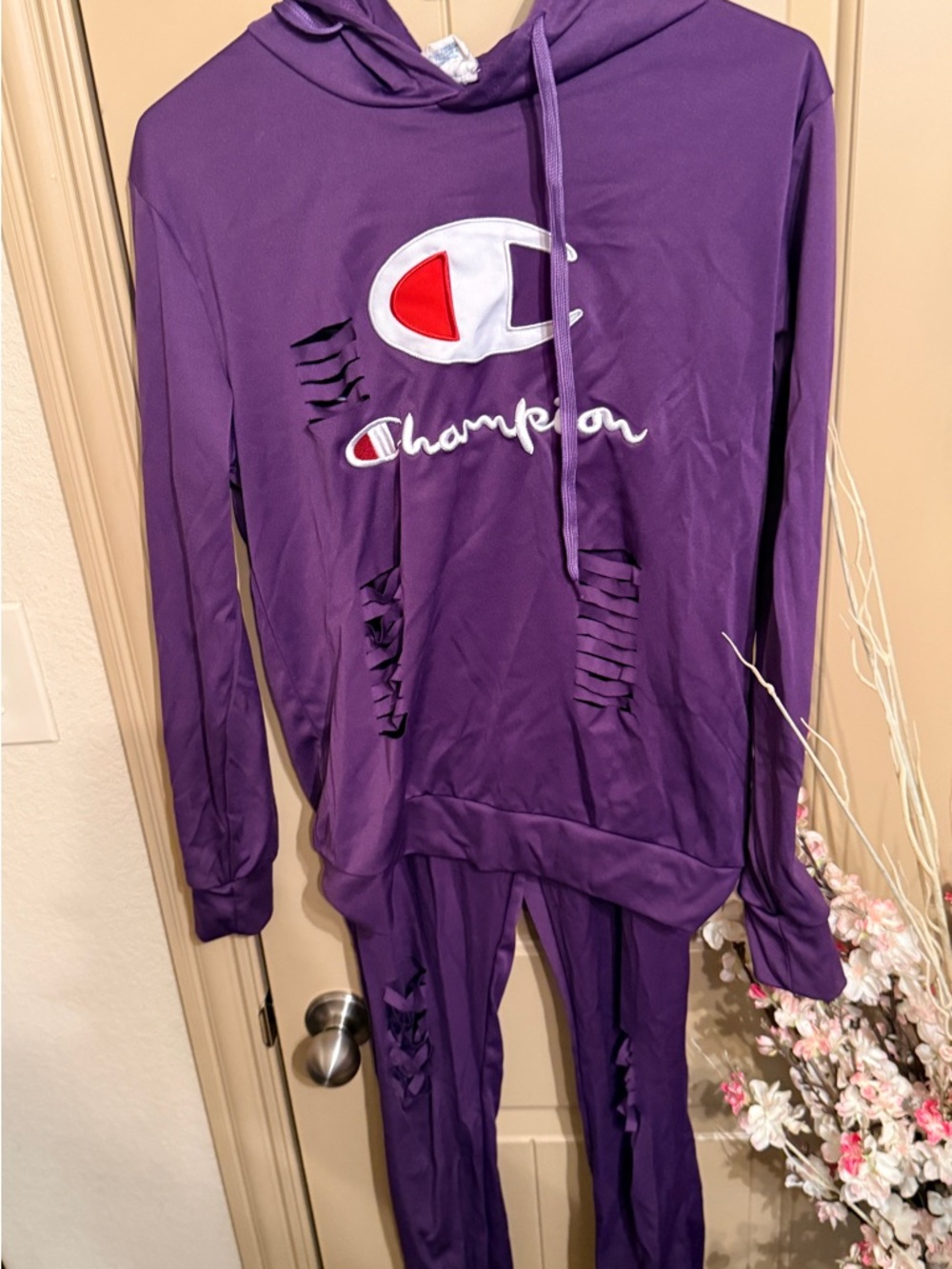 Champion Purple Distressed Hoodie and Joggers Set